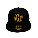 black snapback hat with gold logo