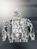 Hostility Camo Hoodie with "Trust No One" written on back. 