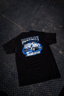Men's Black T-shirt with blue and white graphic of monster truck 
