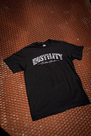 Men's black T-shirt, Hostility Hustle Harder in white lettering