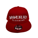 bright red snapback hat with white lettering