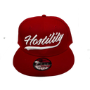 red snapback hat with white letters