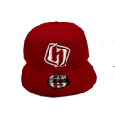 red snapback hat with white logo