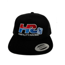 black baseball hat with red, white and blue logo