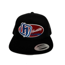 black snapback hat with red, white and blue logo